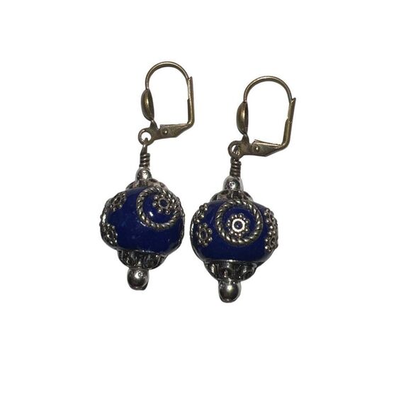 Vintage Mongolian Beads Bollywood Earrings Clip On Dangle Jewelry Blue Silver - Picture 4 of 4